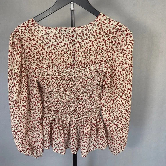Smocked Square-Neck Blouse in Cream with Red Floral Print - Picture 4 of 10